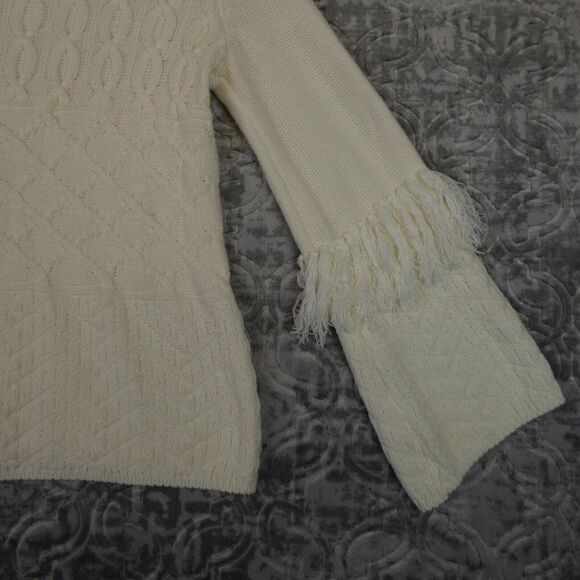 WHBM Sweater Women's Small Ivory Mock Neck Embellished Fringed Cable Knit - Picture 5 of 11